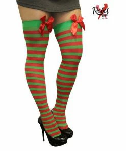 Swedia's Christmas & New Year Red And Green Stripe Thigh High Stocking W/Red Bow