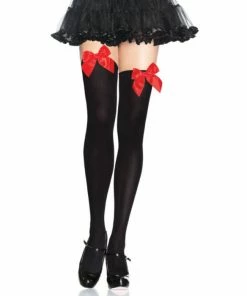 Tomfoolery Hosiery Black Thigh Highs With Red Bow - Leg Avenue