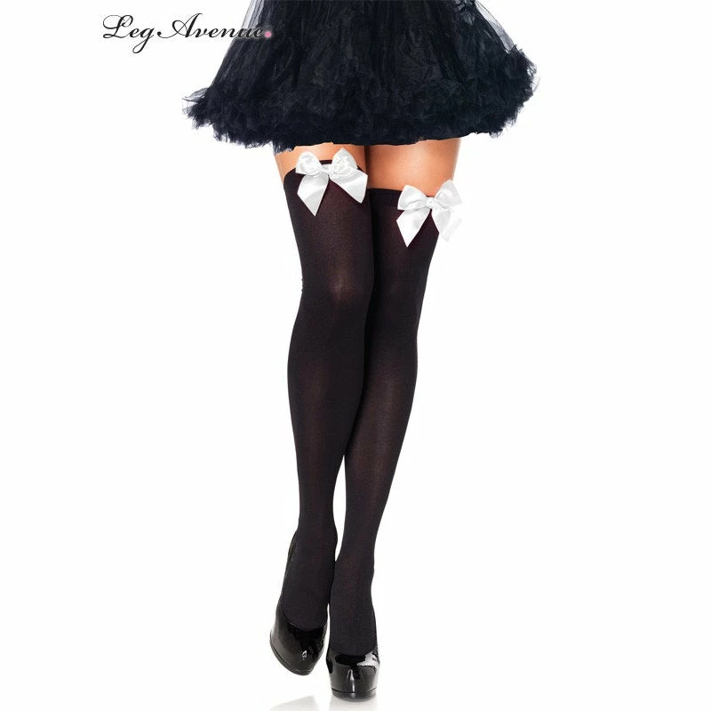 Tomfoolery Black Thigh Highs With White Bow Hosiery 3 Tomfoolery Black Thigh Highs With White Bow Hosiery