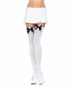 Tomfoolery White Thigh Highs With Black Bow
