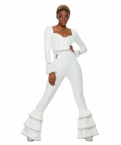 Smiffys 70s Deluxe Glam Jumpsuit Costume - White Ladiesc