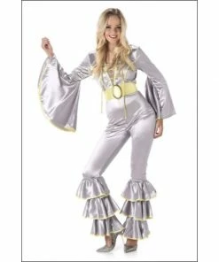 Disguise Costumes 70s Silver Disco Jumpsuit With Yellow Trim - Karnival