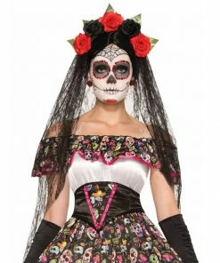 M Distribution Pty Ltd Day Of The Dead Black Veil With Floral Headband Hats & Headwear
