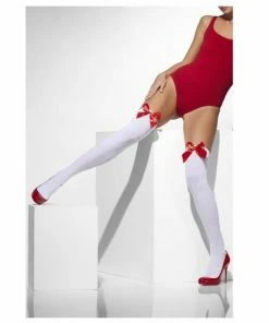Smiffys Hold Ups Opaque - White With Red Bow Oktoberfest