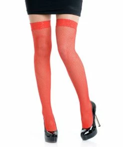 Tomfoolery Hosiery Lace Band Red Fishnet Thigh Highs