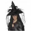 Smiffys Hats & Headwear Witch Hat - Black With Feathers And Netting