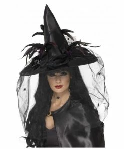 Smiffys Hats & Headwear Witch Hat - Black With Feathers And Netting