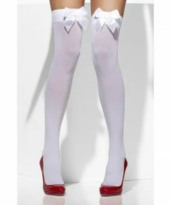 Smiffys White Opaque Hold Ups With White Bows